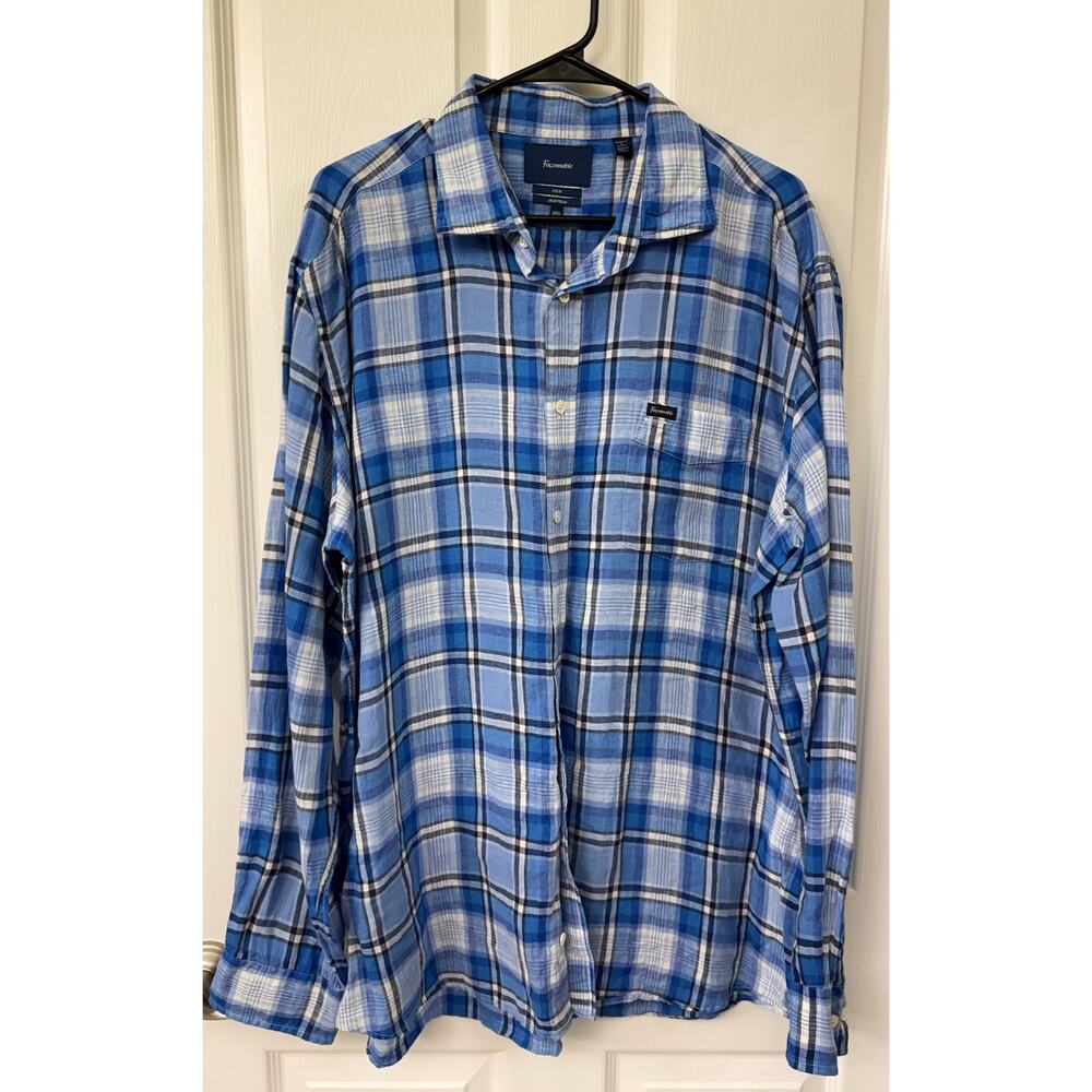 Faconnable Club XXL Deauville Men’s 100% linen long sleeve blue plaid shirt